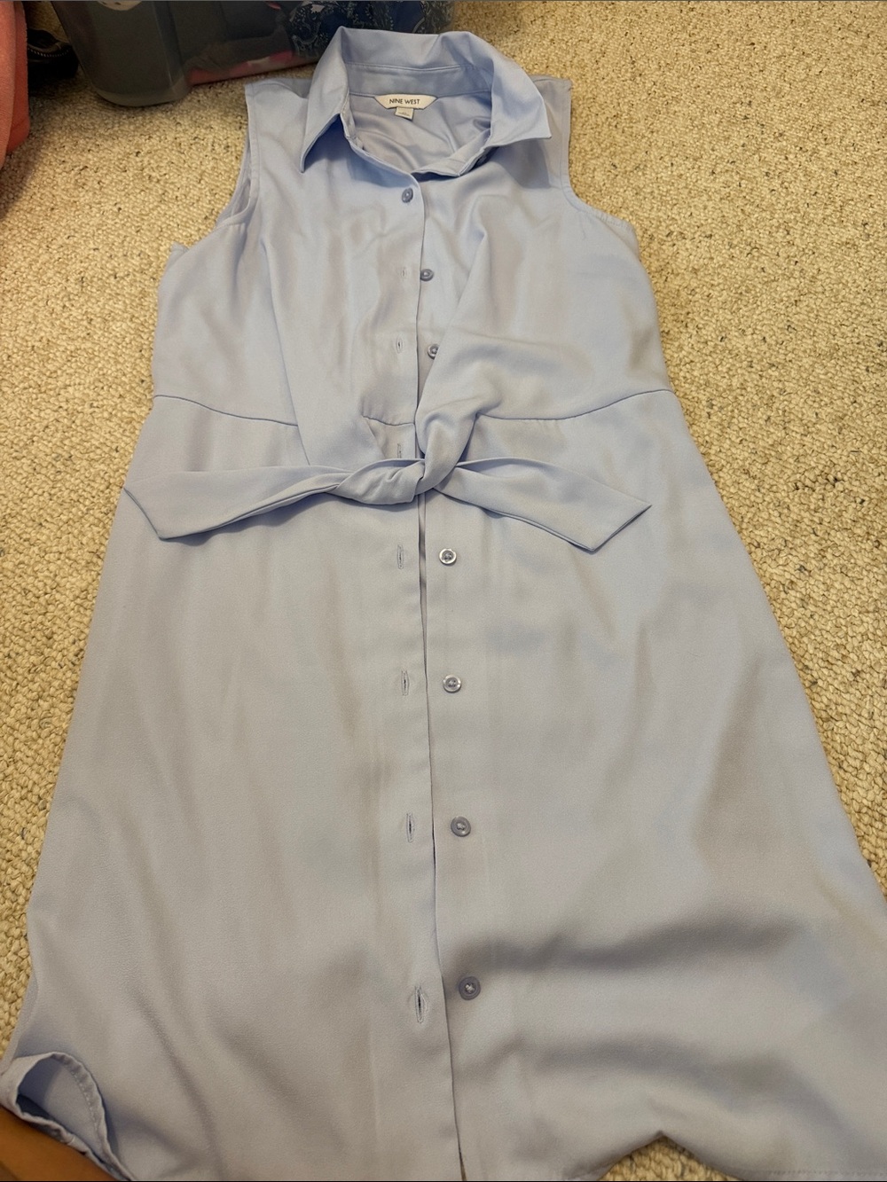 Nine West Light Blue Sleeveless Shirt Dress with Waist Tie